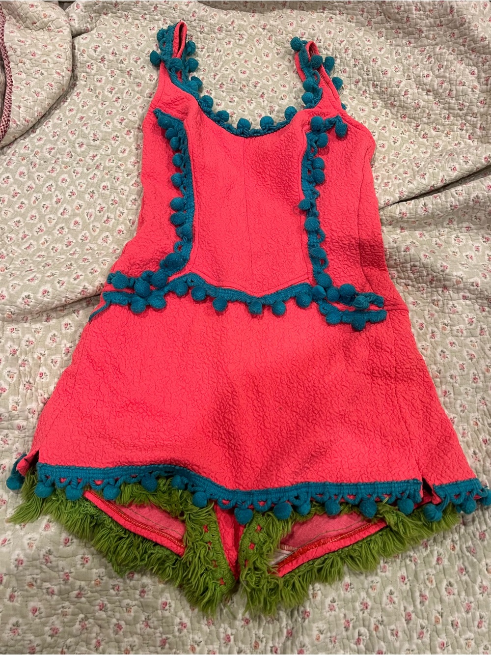 Jantzen Pink Romper with Teal Pom Trim and Green Fringe